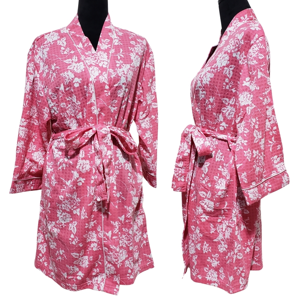 Jasmine Rose Robe Floral Waffle Knit Texture Large Fuchsia Pink Tie Front NWT🌸